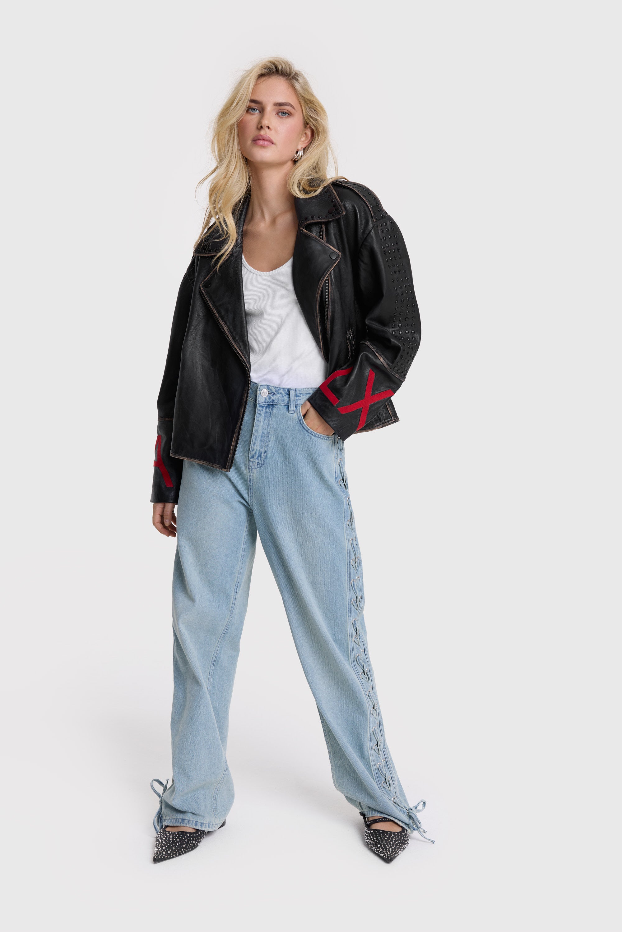 Lace up tape denim pants