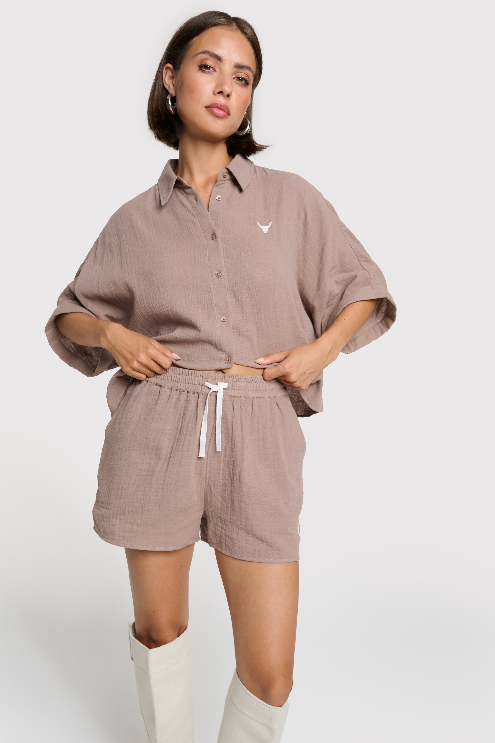 Oversized crinkle blouse | taupe
