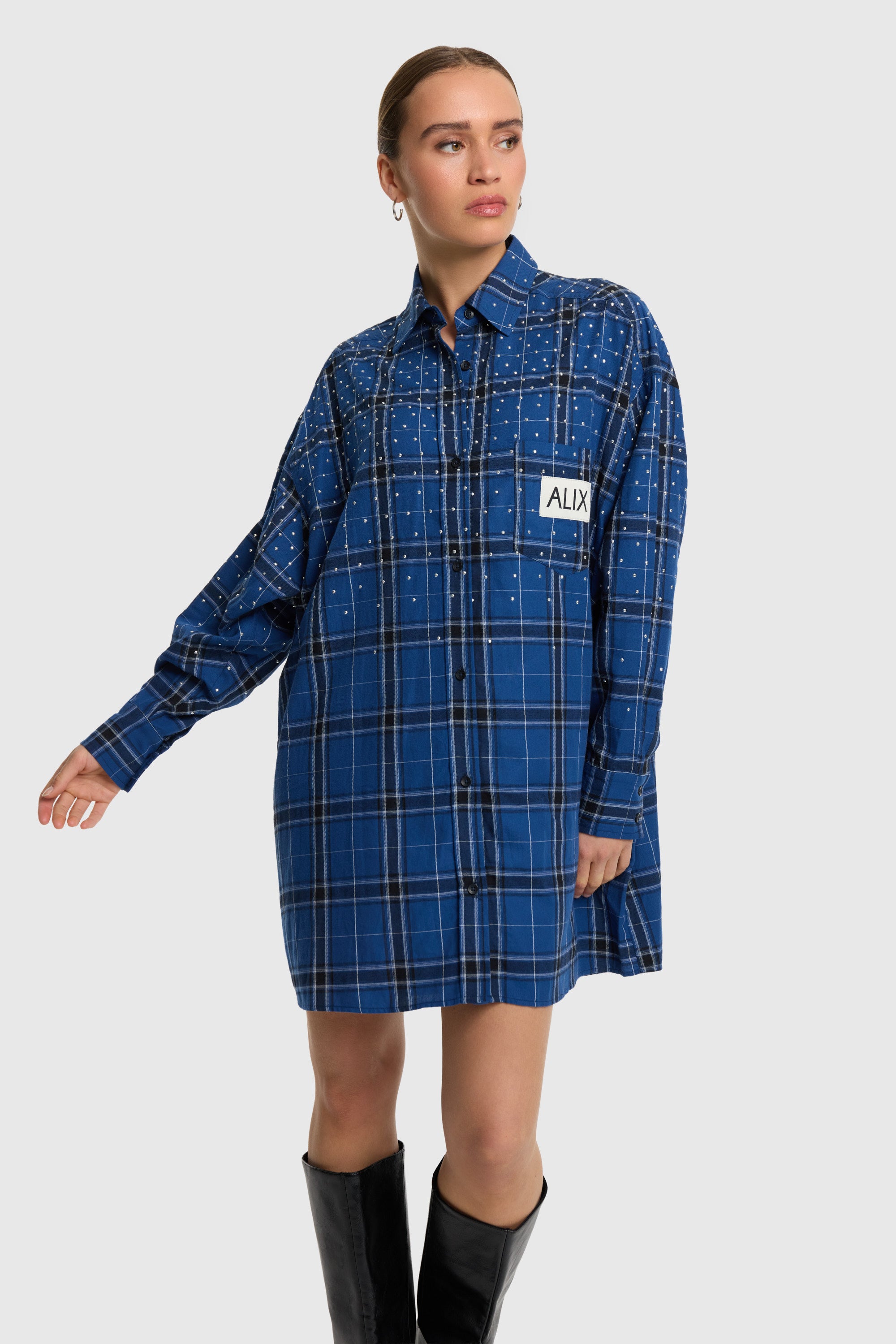 Studded check blouse dress I dark blue