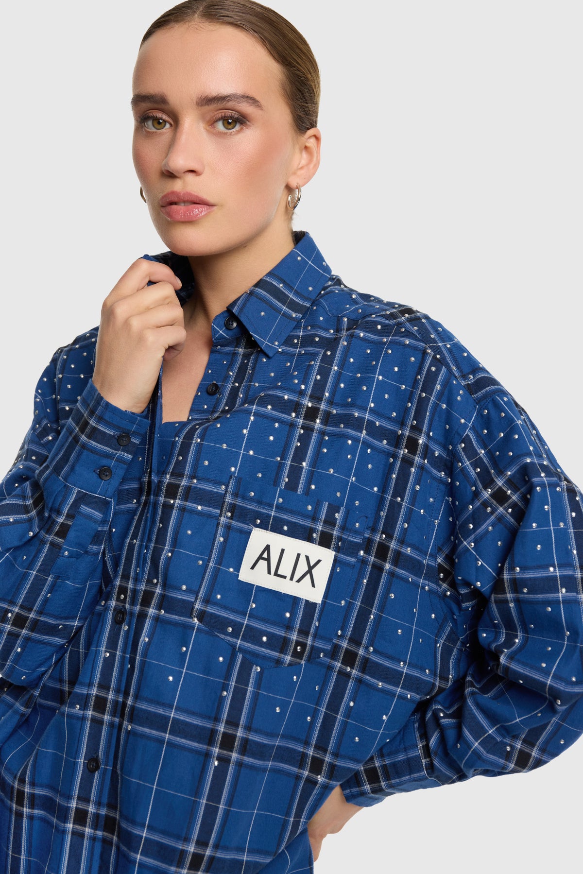 Studded check blouse dress I dark blue