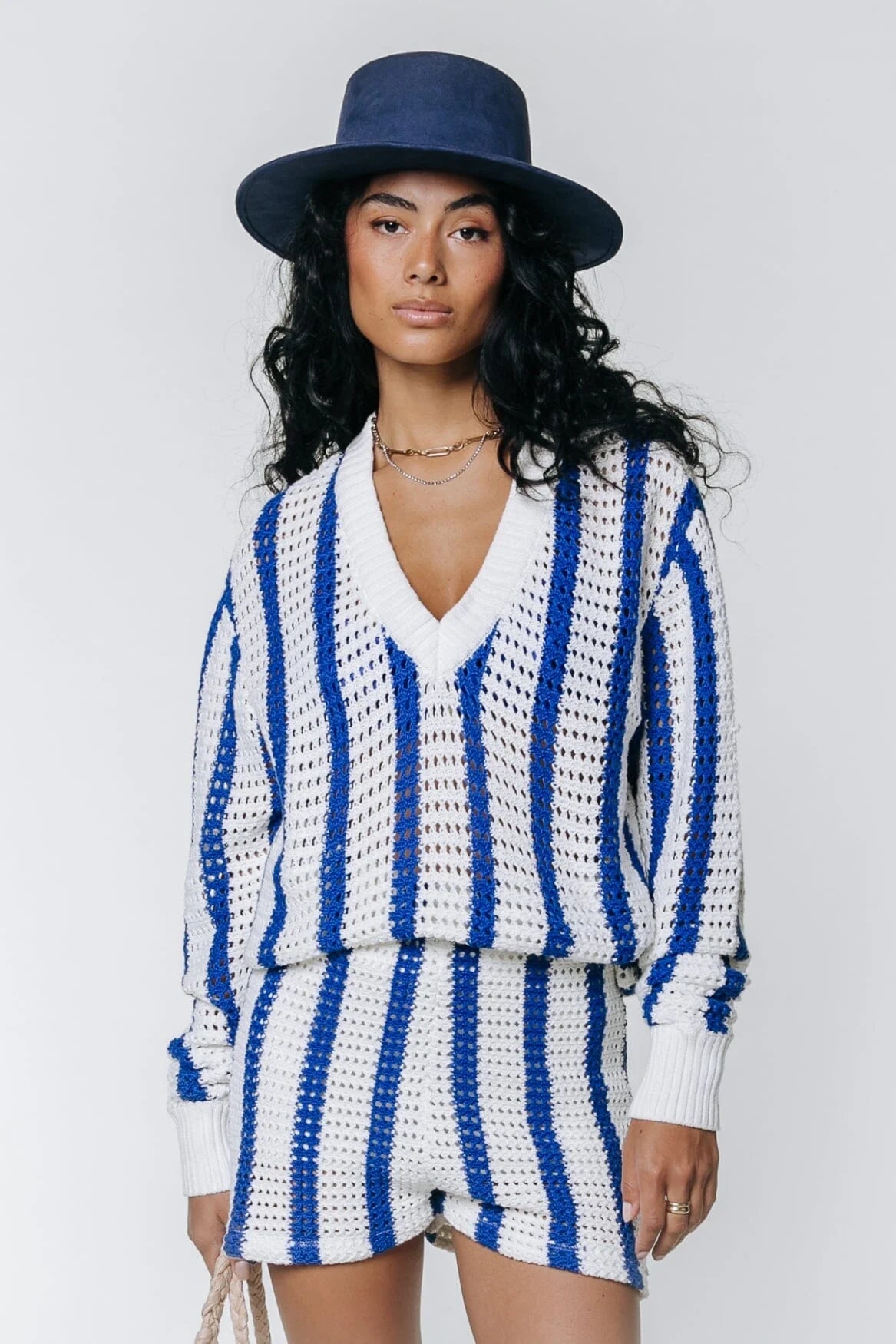 Lizza Crochet Stripe sweater | blue
