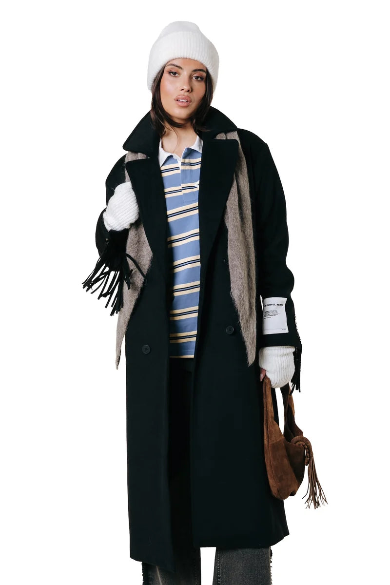 Zania fringe double breasted wool long coat | black