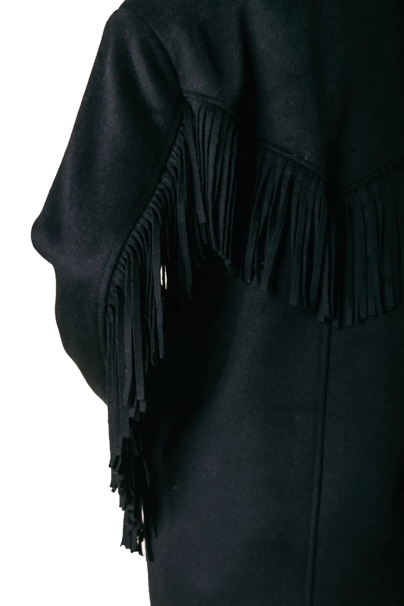 Zania fringe double breasted wool long coat | black