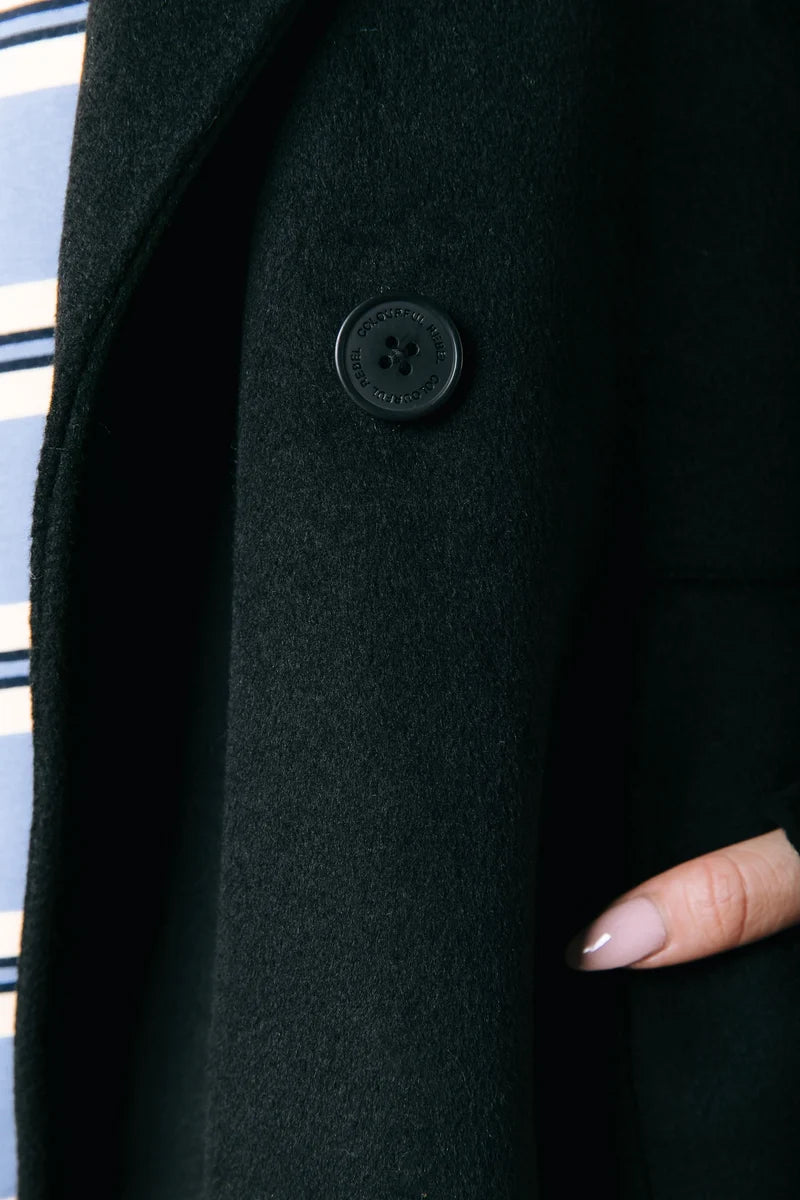 Zania fringe double breasted wool long coat | black