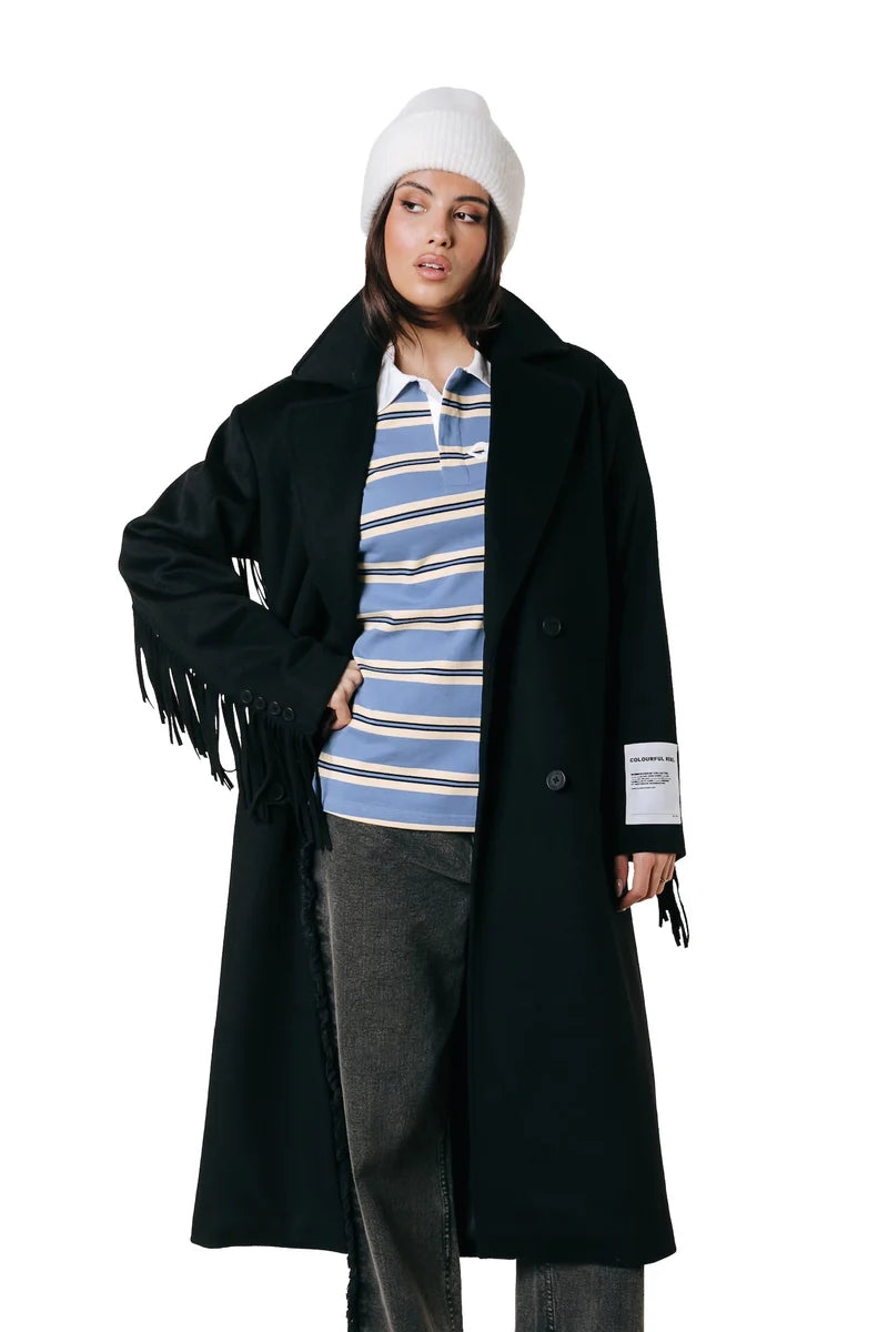 Zania fringe double breasted wool long coat | black