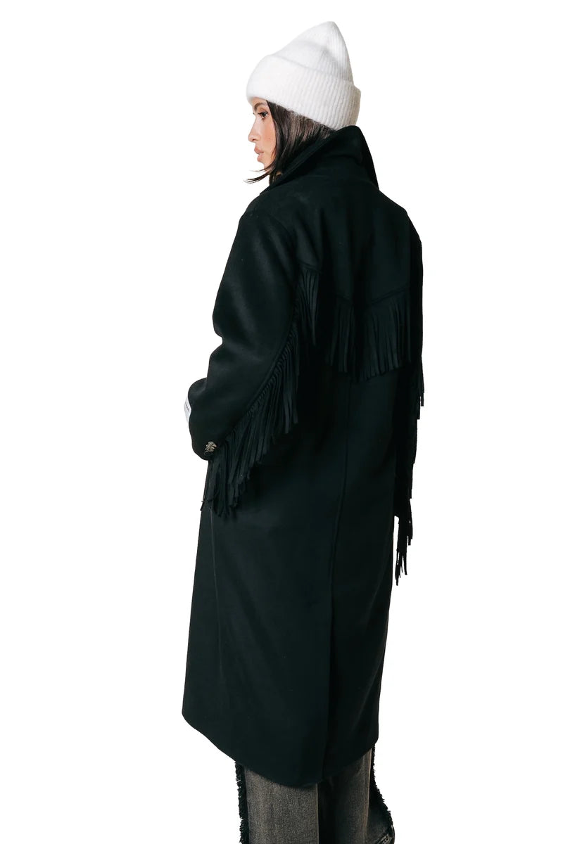 Zania fringe double breasted wool long coat | black