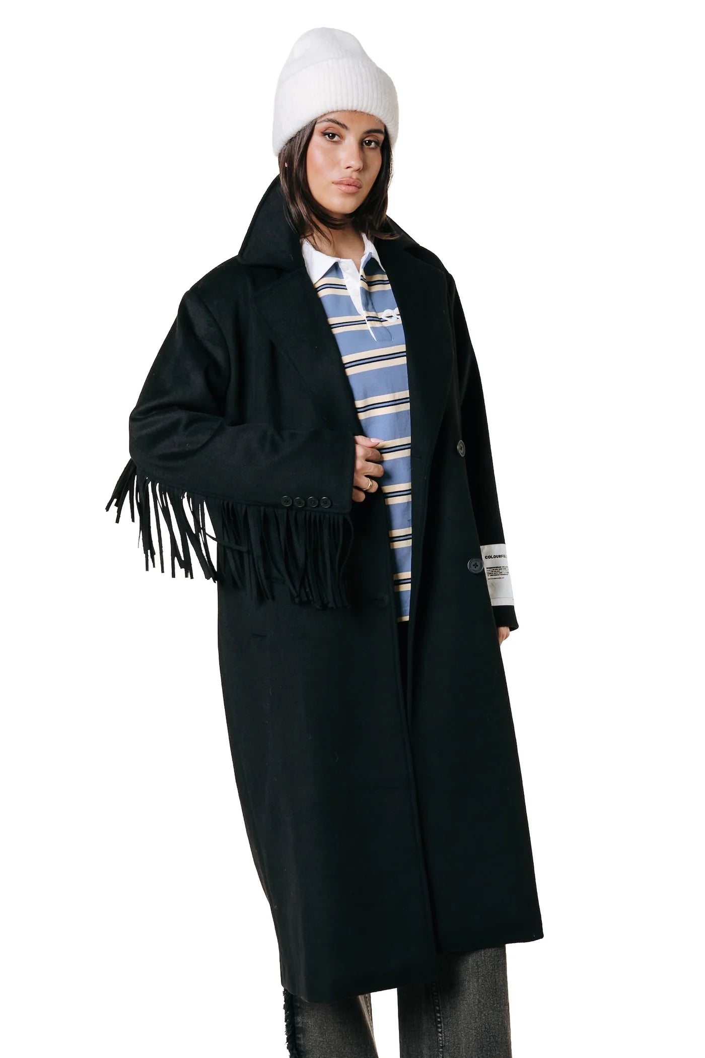 Zania fringe double breasted wool long coat | black