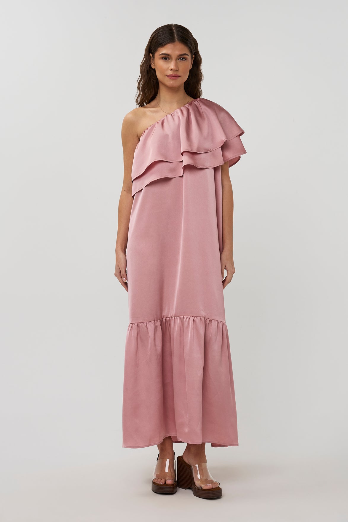 Linne Ruffle one shoulder dress | dusty pink