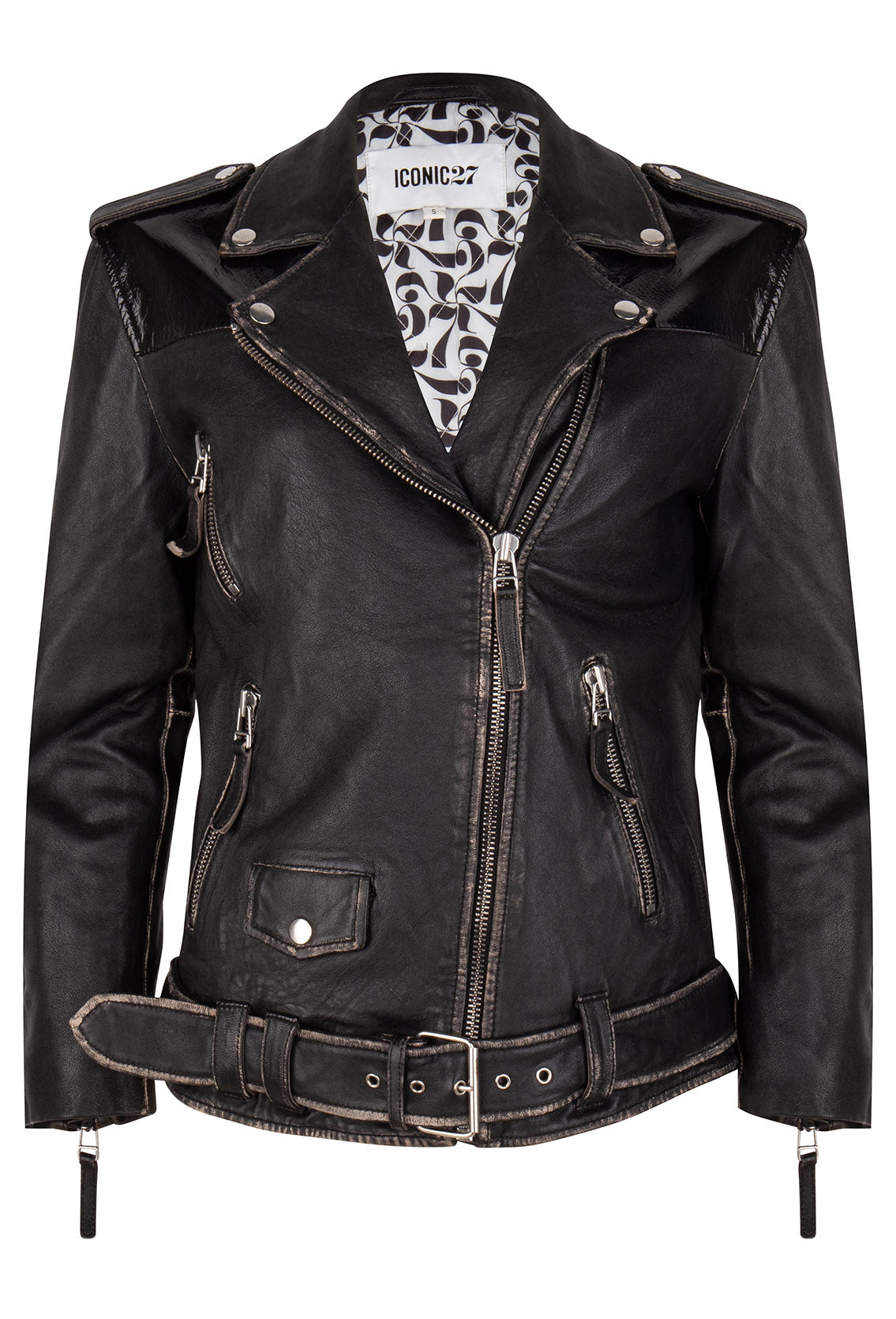 Rub off vinyl leather biker jacket
