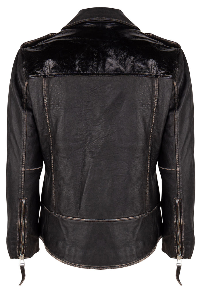 Rub off vinyl leather biker jacket