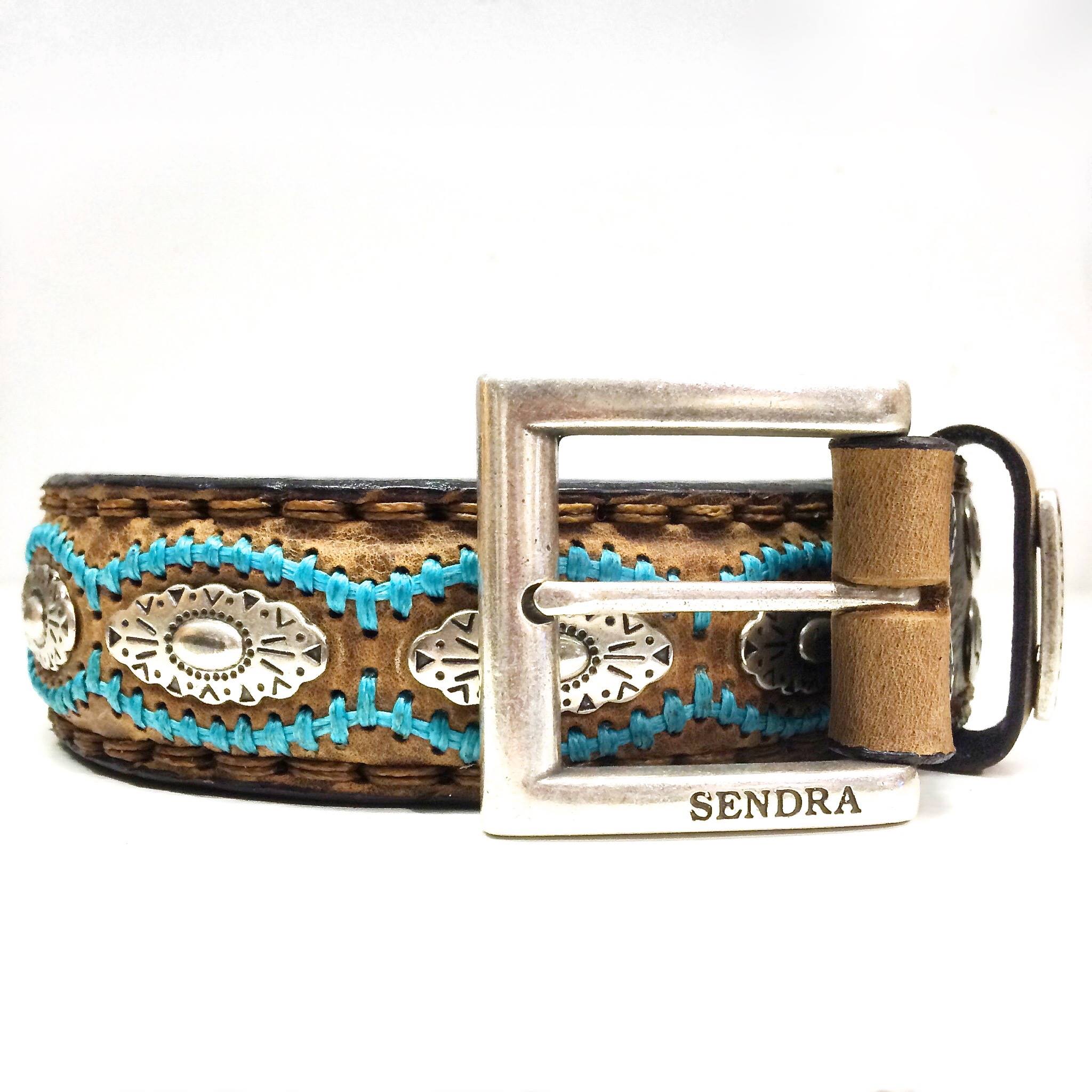 Sendra belt - 7606 brown/turquoise stitching